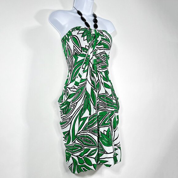 NWT Kitty Halter Dress White Green Leaf Design Six Brown Buttons Size Small - Picture 1 of 15